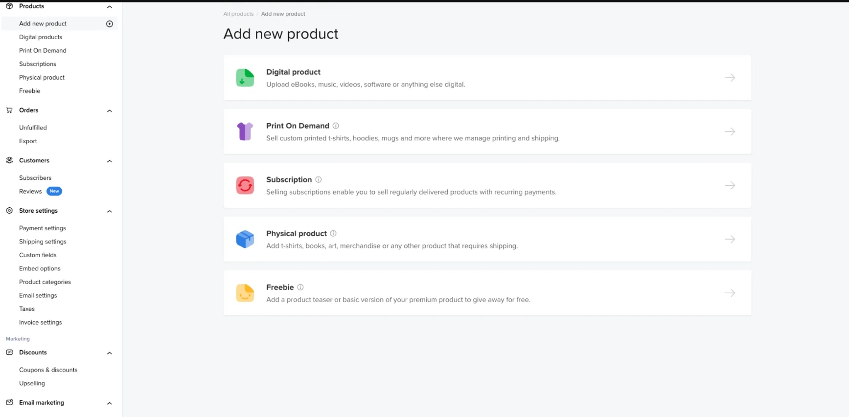 Sellfy dashboard