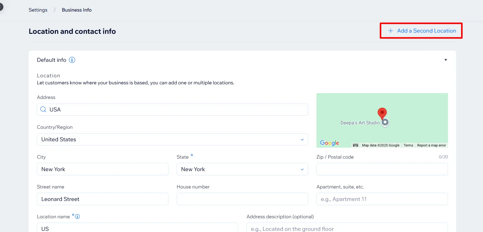Step 6: Click "Add a second location" on Wix