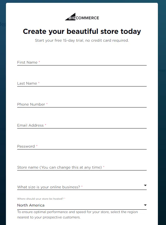 BigCommerce account creation form