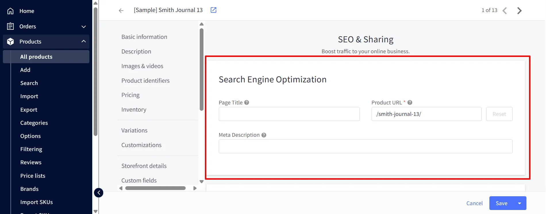 BigCommerce SEO settings for products