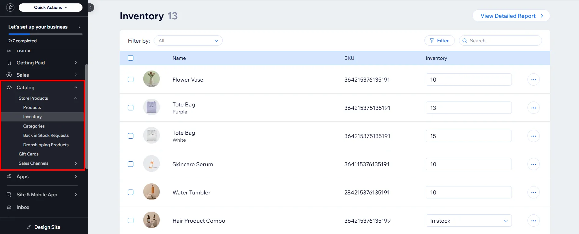 Inventory management Wix dashboard