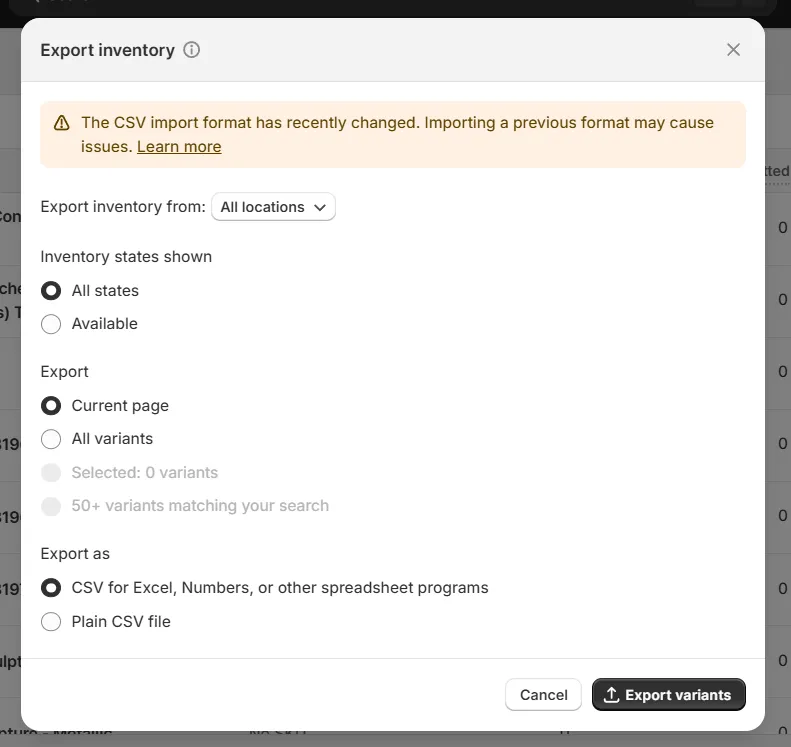 Step 2: Specify your Shopify export inventory needs