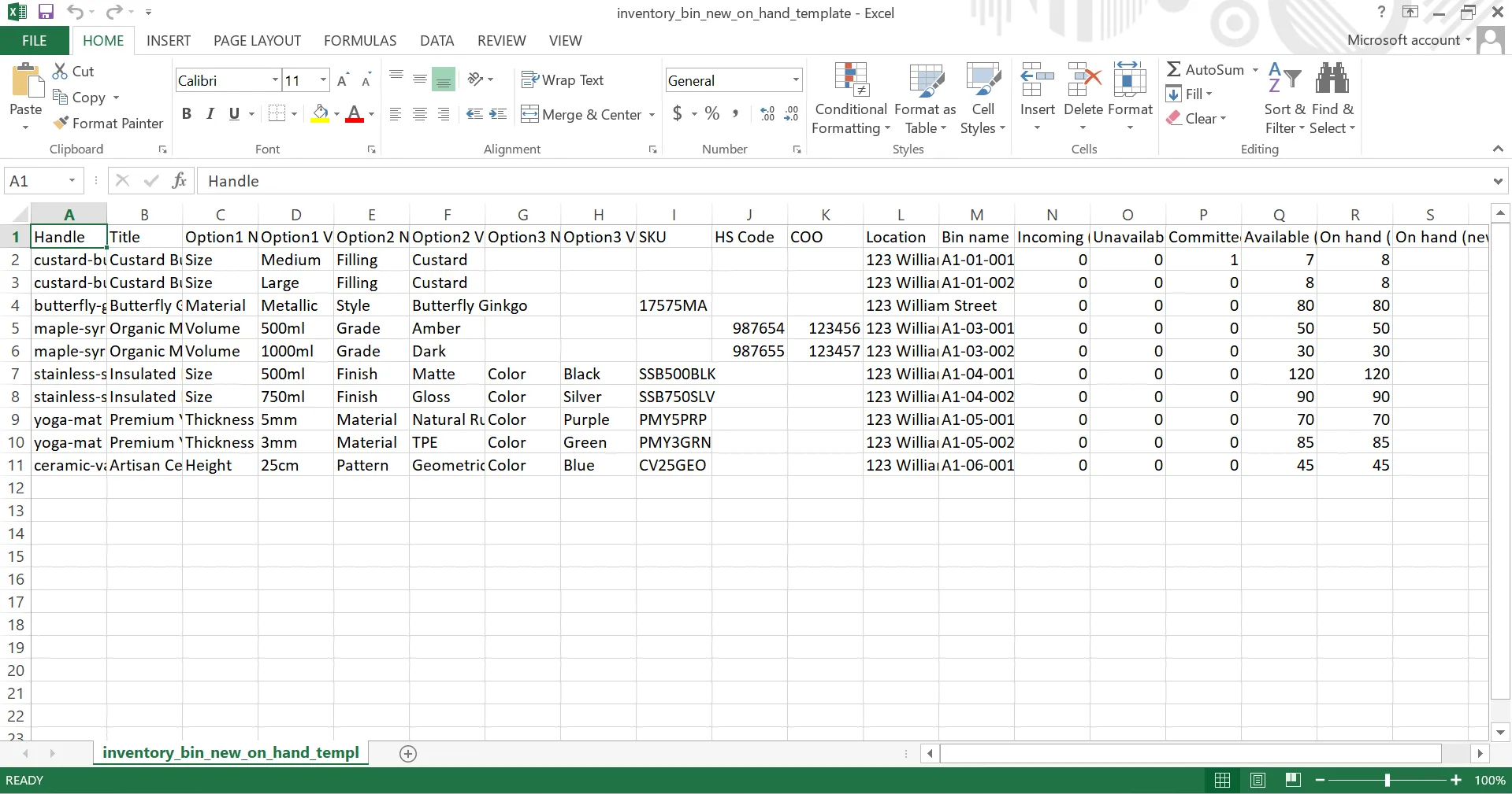 Shopify inventory CSV template