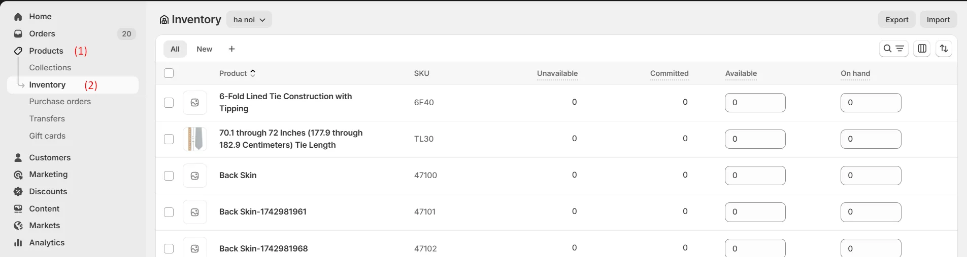 Shopify import inventory page
