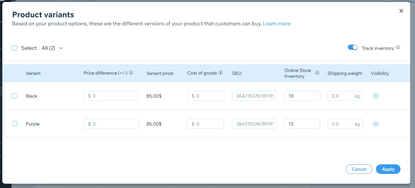 Enable Wix variant inventory tracker