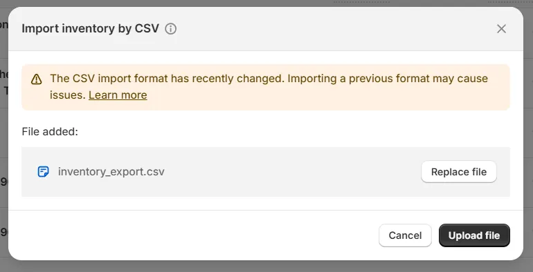 Upload your Shopify import inventory file