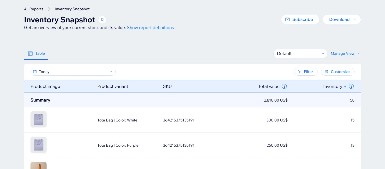Step 5: Wix inventory snapshot 