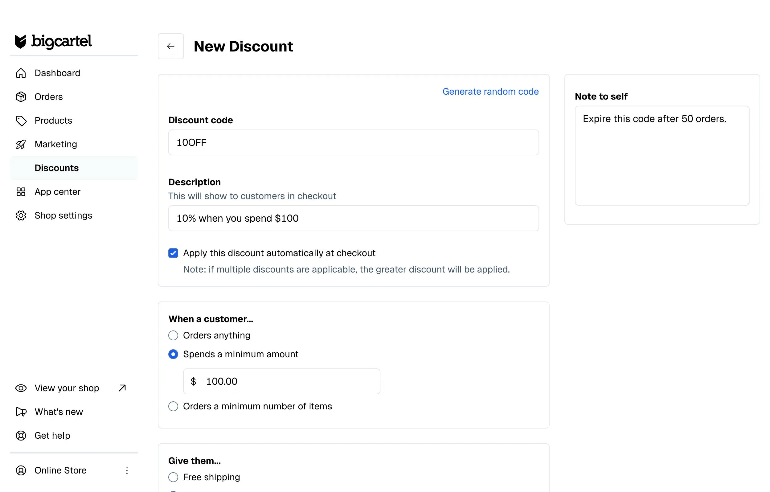 Add discounts in Big Cartel