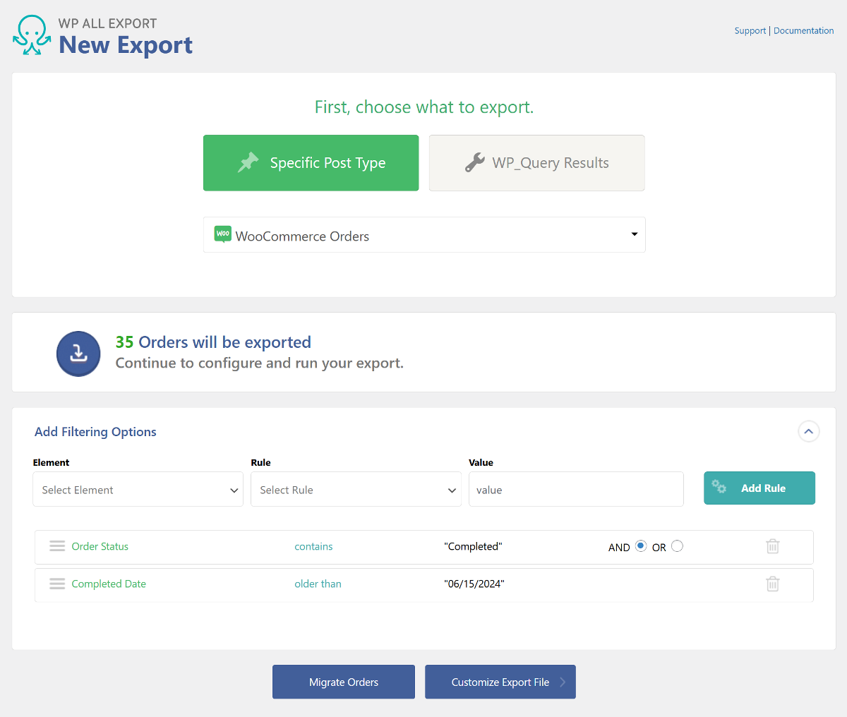Step 3b: Export WooCommerce orders screen with filters