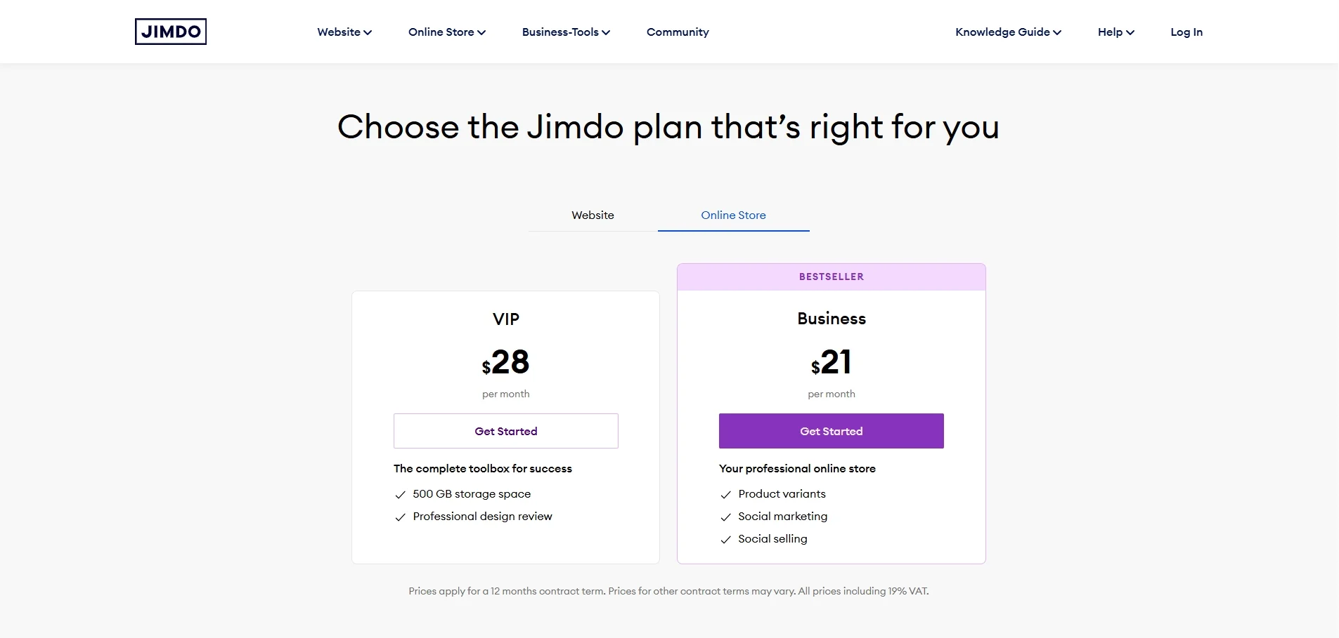 Jimdo Online Store pricing plan