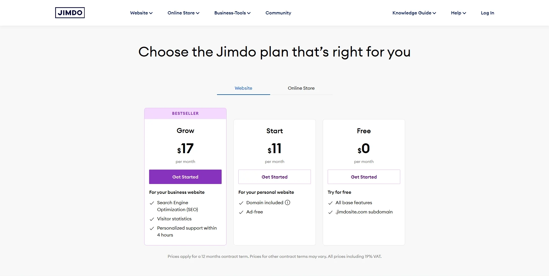 Jimdo website pricing plan