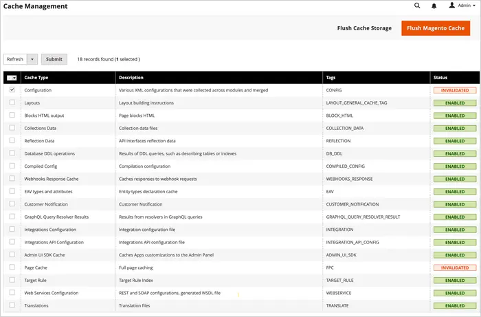 Magento cache management