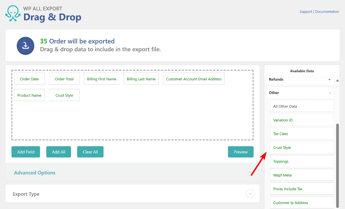 Step 4b: Select order export custom fields