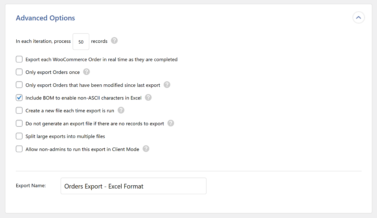 Step 5b: Set advanced options for the WooCommerce order export