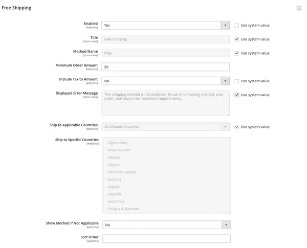 Configure Magento free shipping