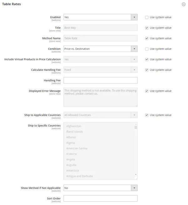 Configure Magento table rates shipping