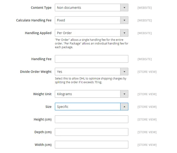 Enter package description and handling fee for DHL