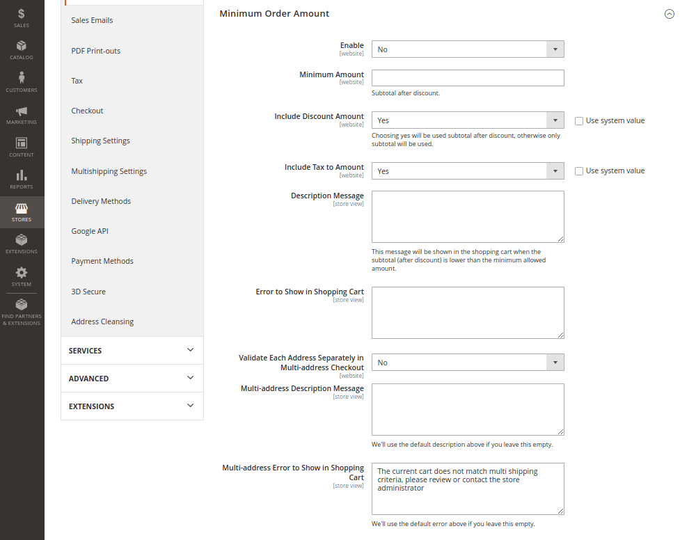 Magento minimum order amount settings