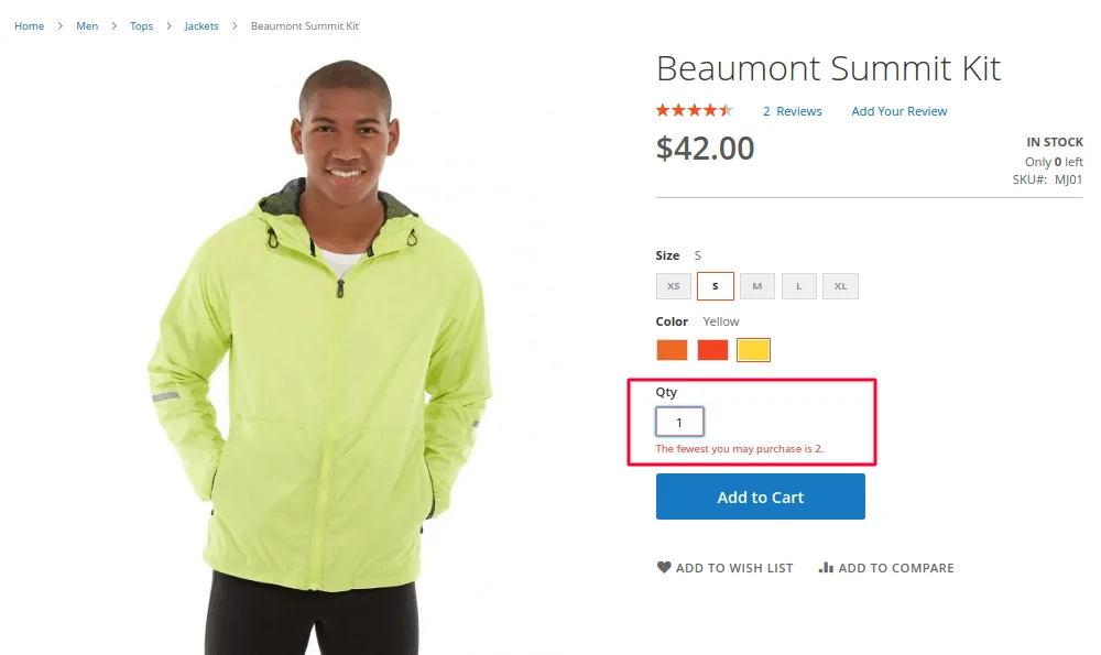 Magento minimum order quantity on the storefront