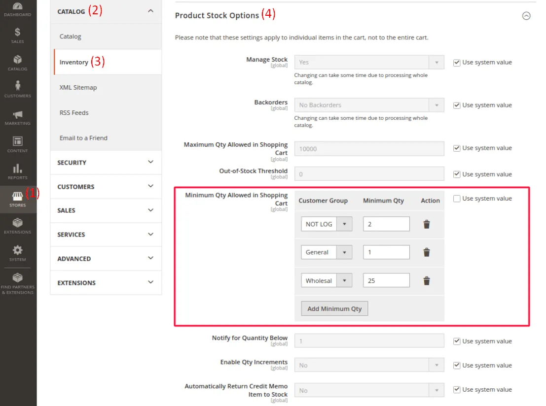 Magento minimum quantity allowed settings