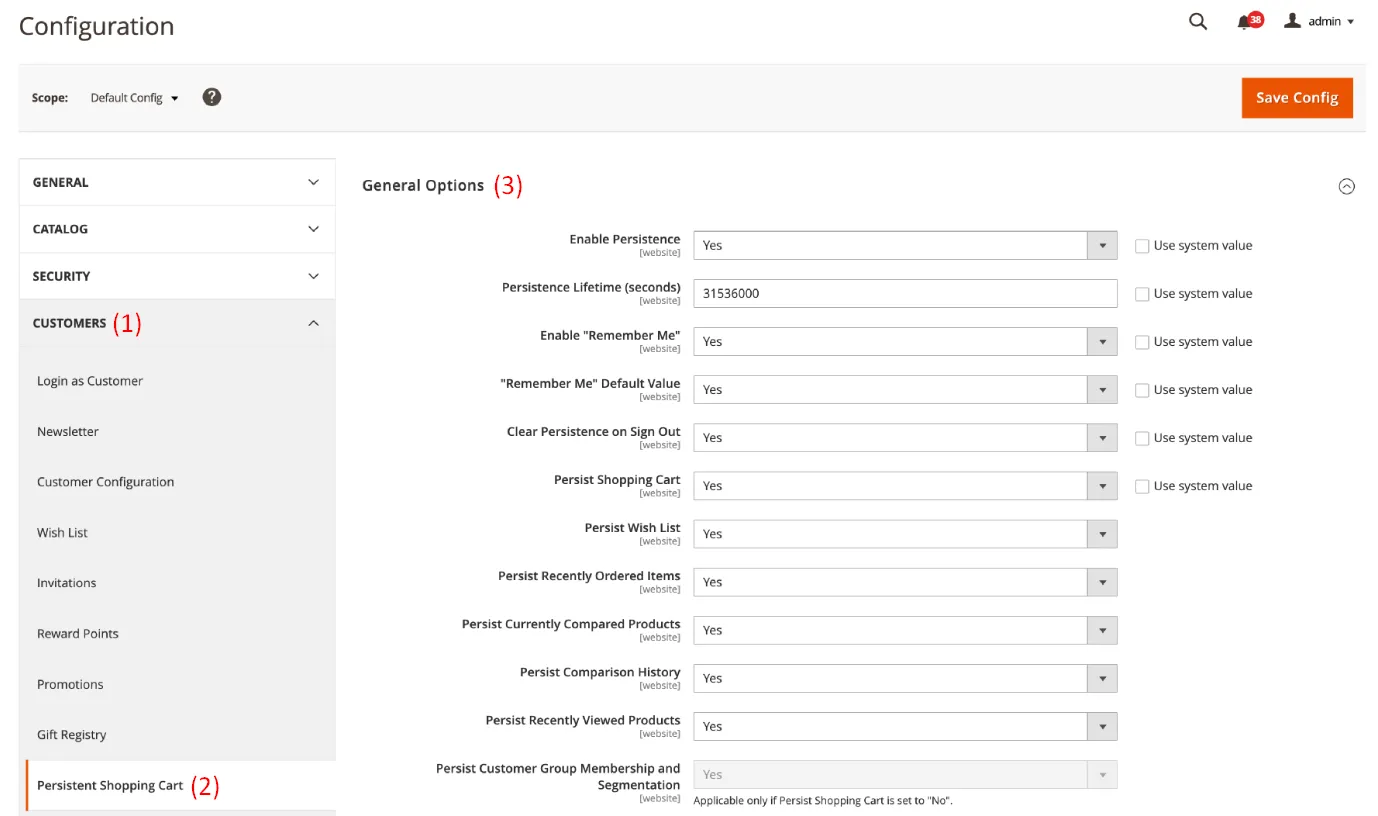 Persistent cart Magento 2 settings