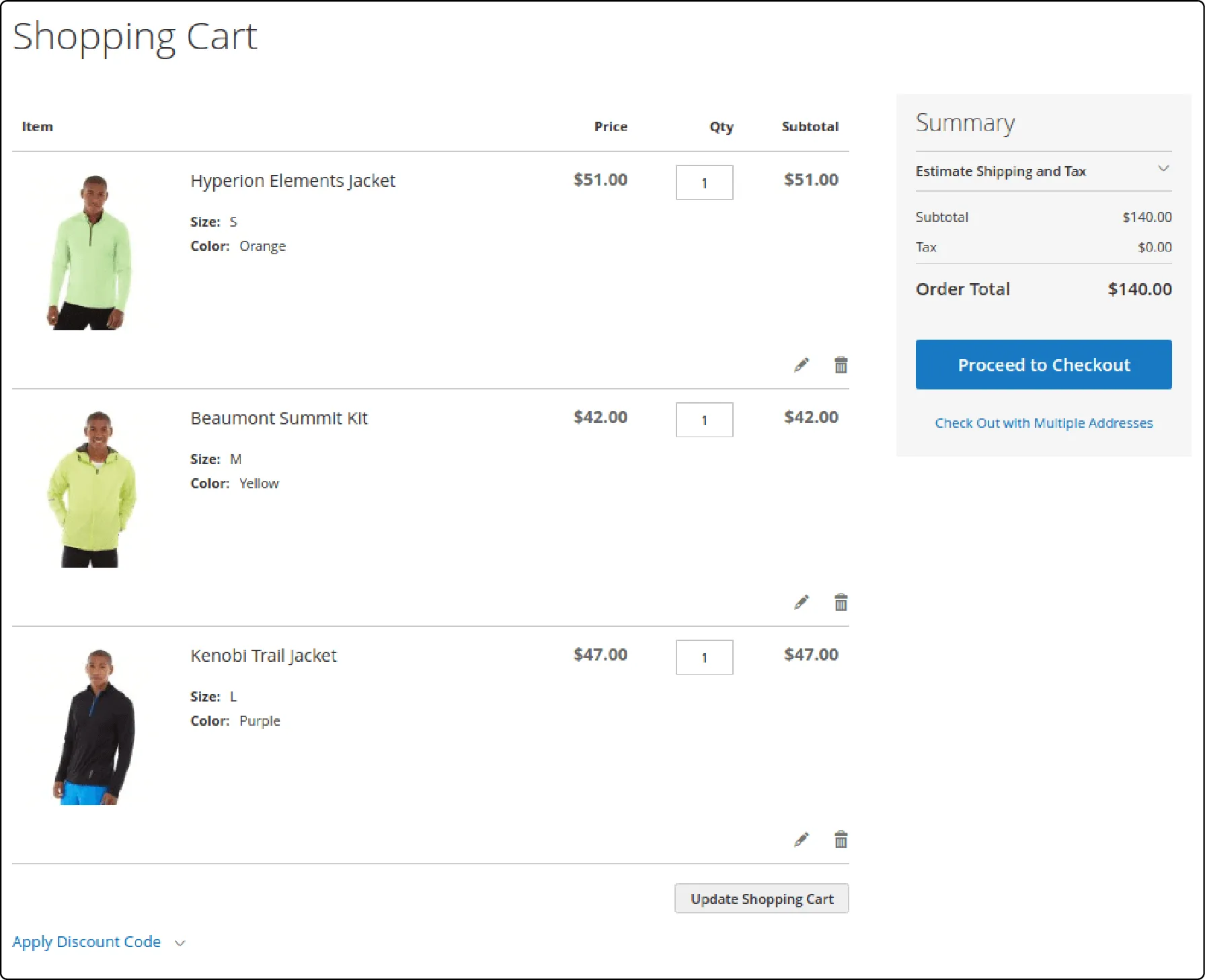 Magento shopping cart on the storefront