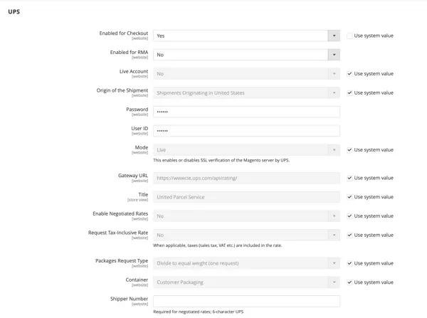 Setting UPS carriers in Magento