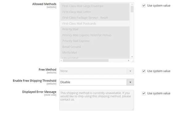 Specify allowed methods and applicable countries on USPS