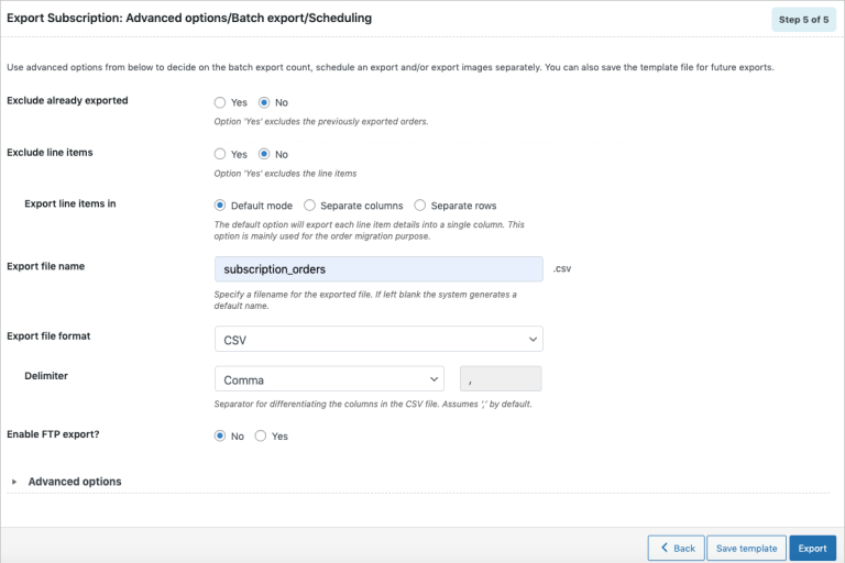 Step 5b: Configure advanced options for export