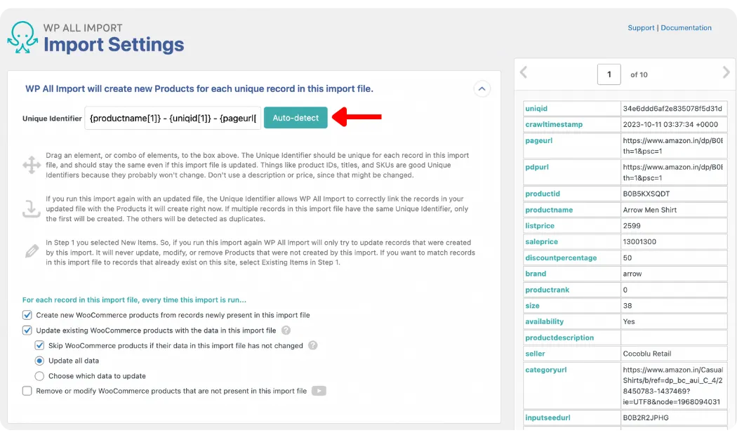 Click Auto detect for unique identifier