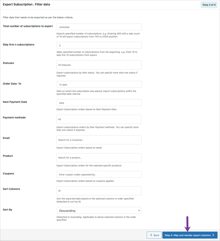 Step 3: Filter data for WooCommerce export subscriptions