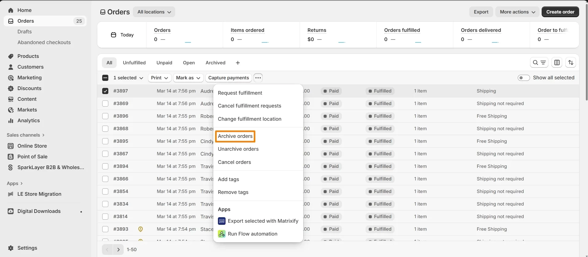 Manually archive Shopify orders