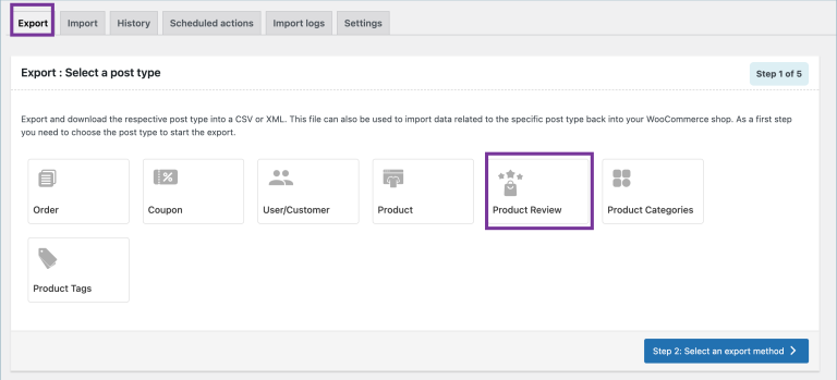 Step 1b: Select post type for export