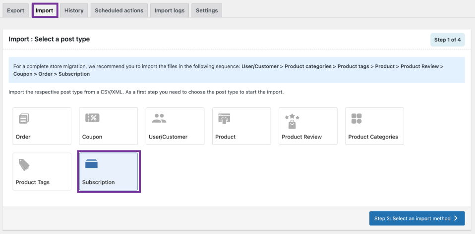 Step 2b: Select Subscriptions post type