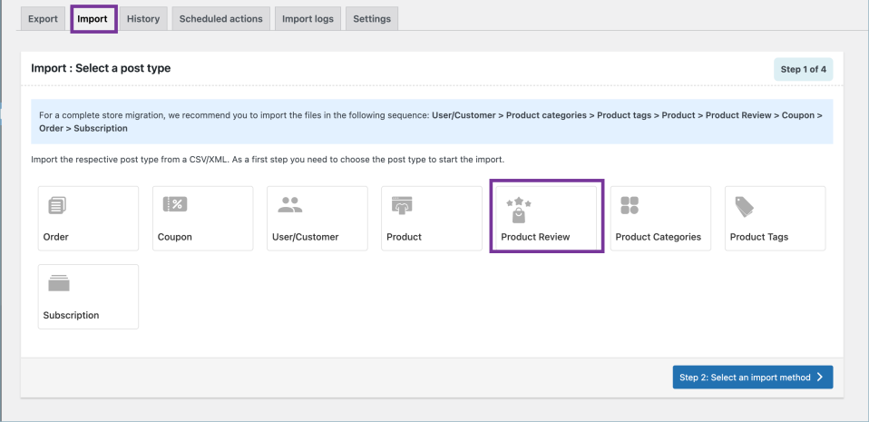 Step 2: Select product reviews for post type