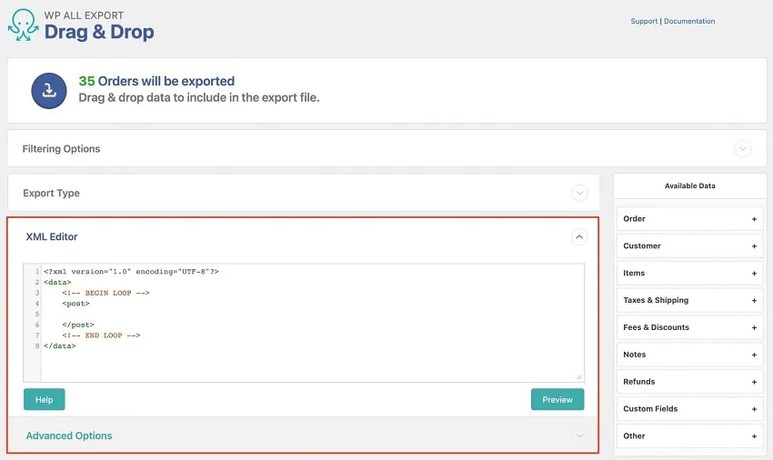 Step 5b: Explore the WooCommerce XML editor for exporting orders
