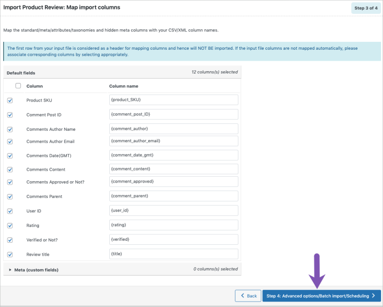 Step 4b: WooCommerce import metafields