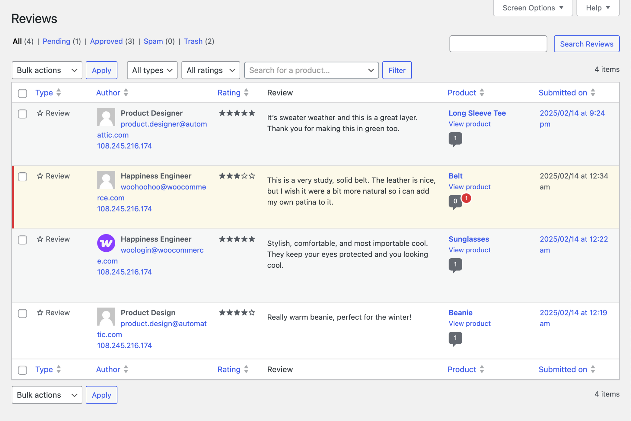 WooCommerce product reviews management dashboard