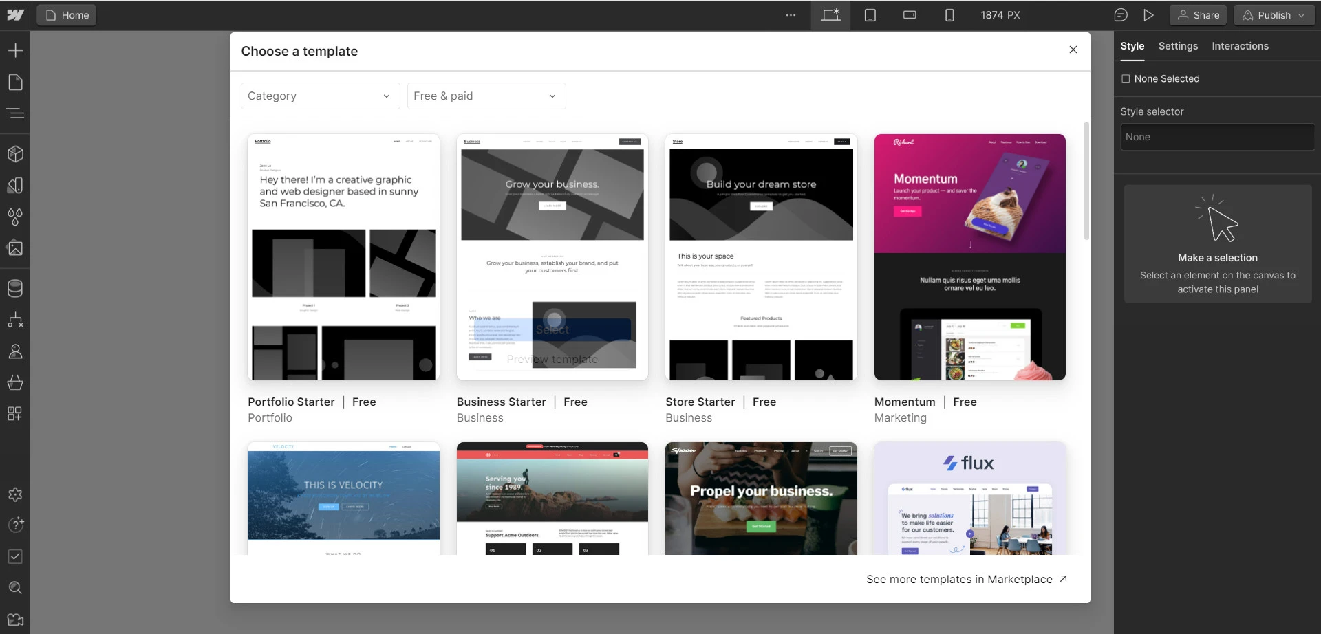 Choose a Webflow template to get started