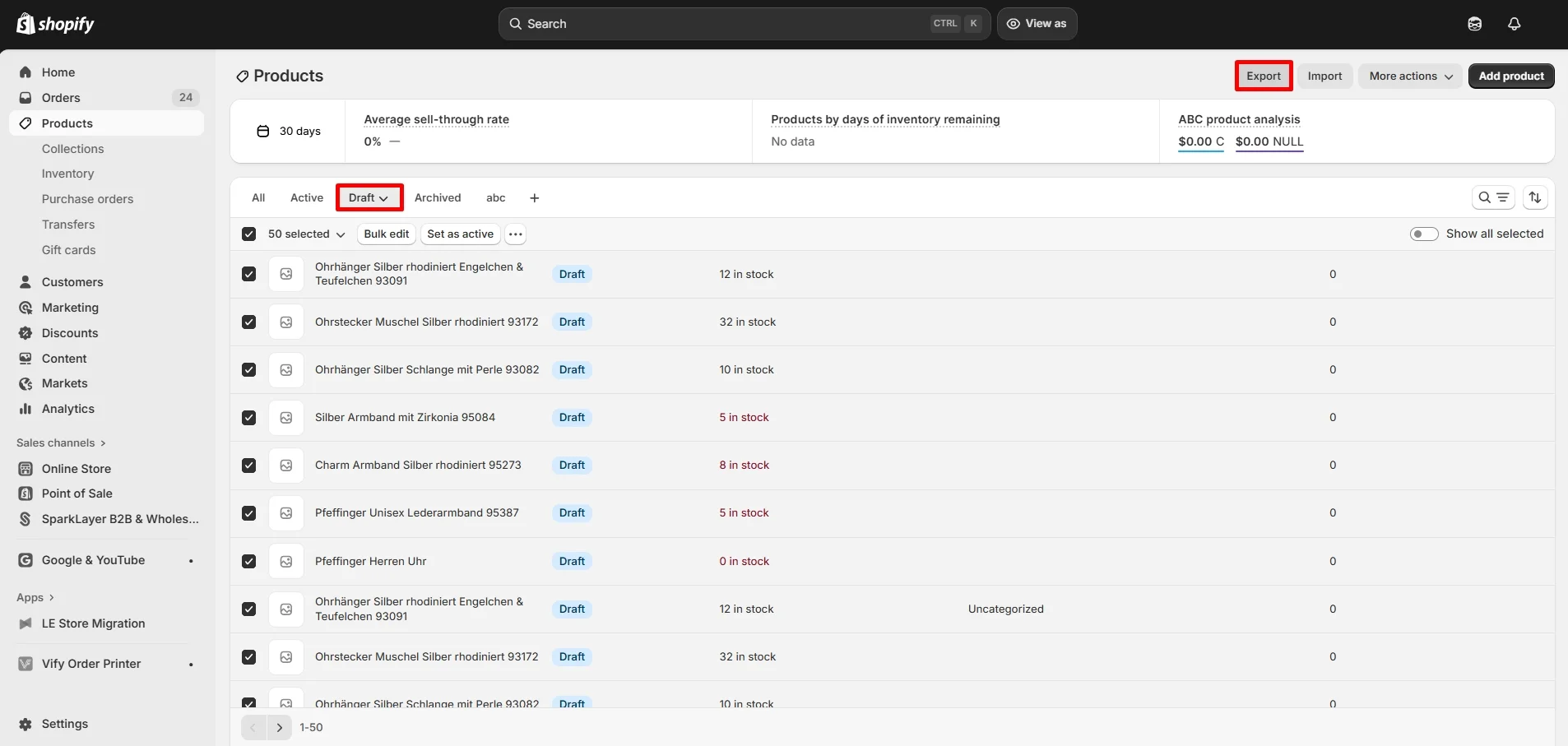 Export Shopify products based on status