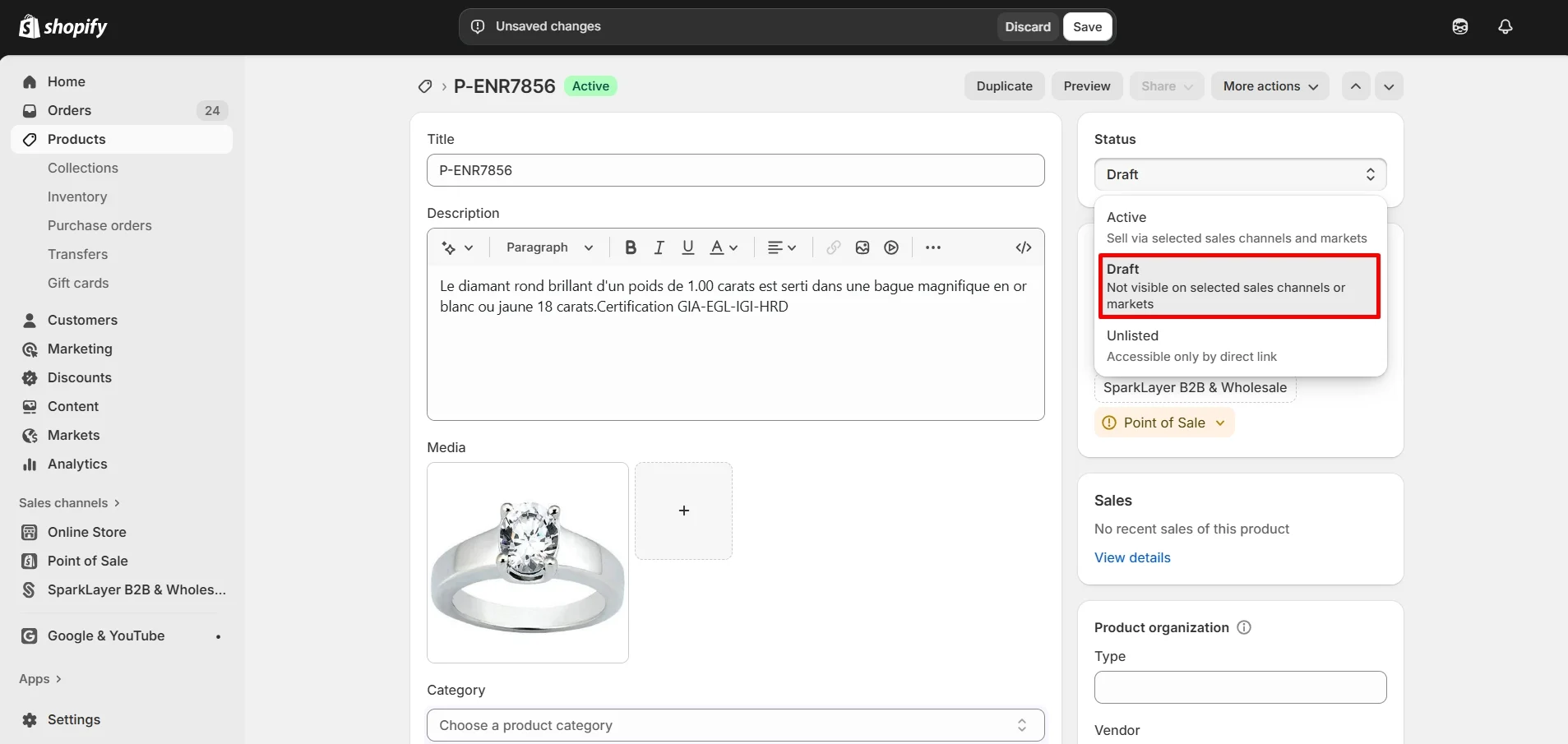 Set Shopify product status as Draft