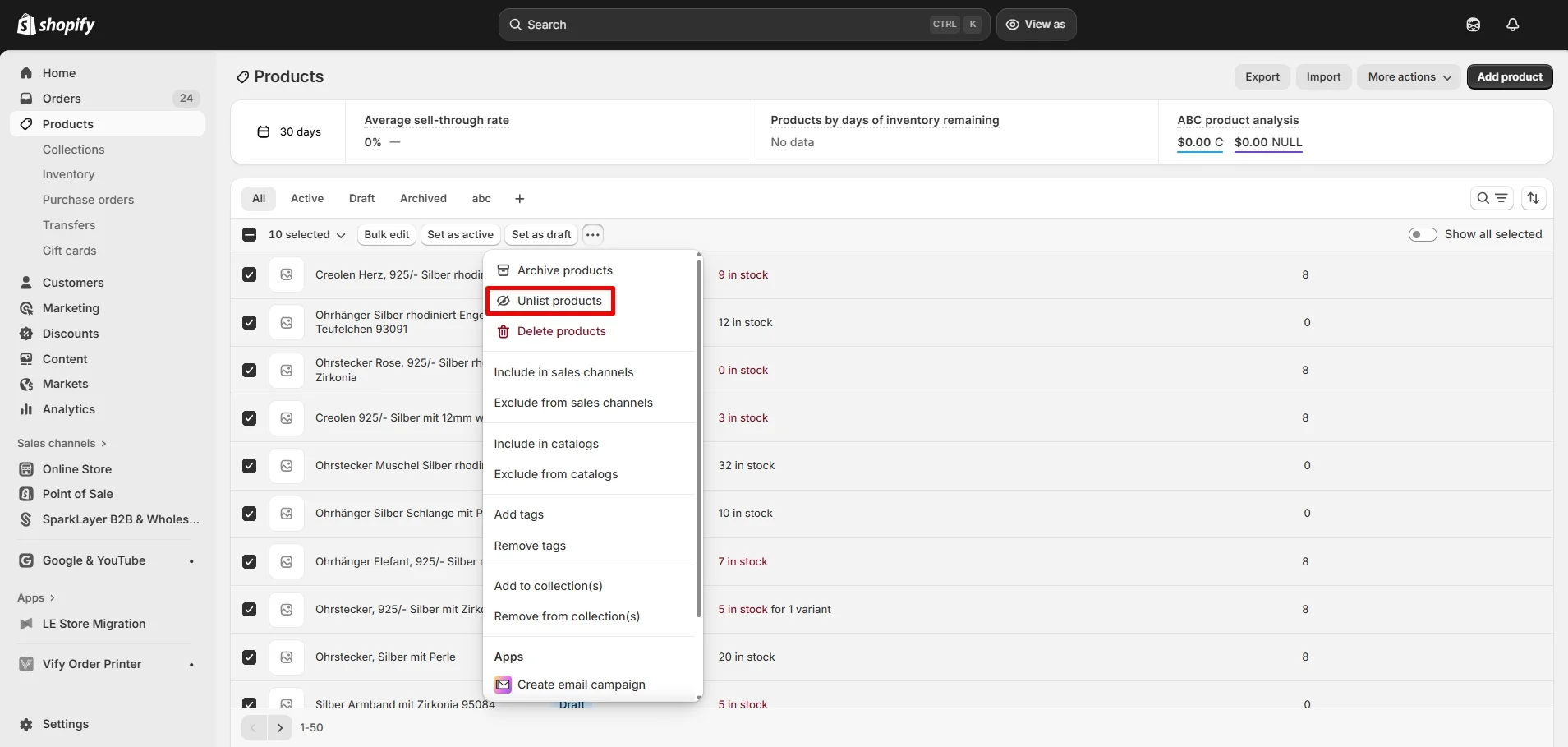 Unlist Shopify product in bulk