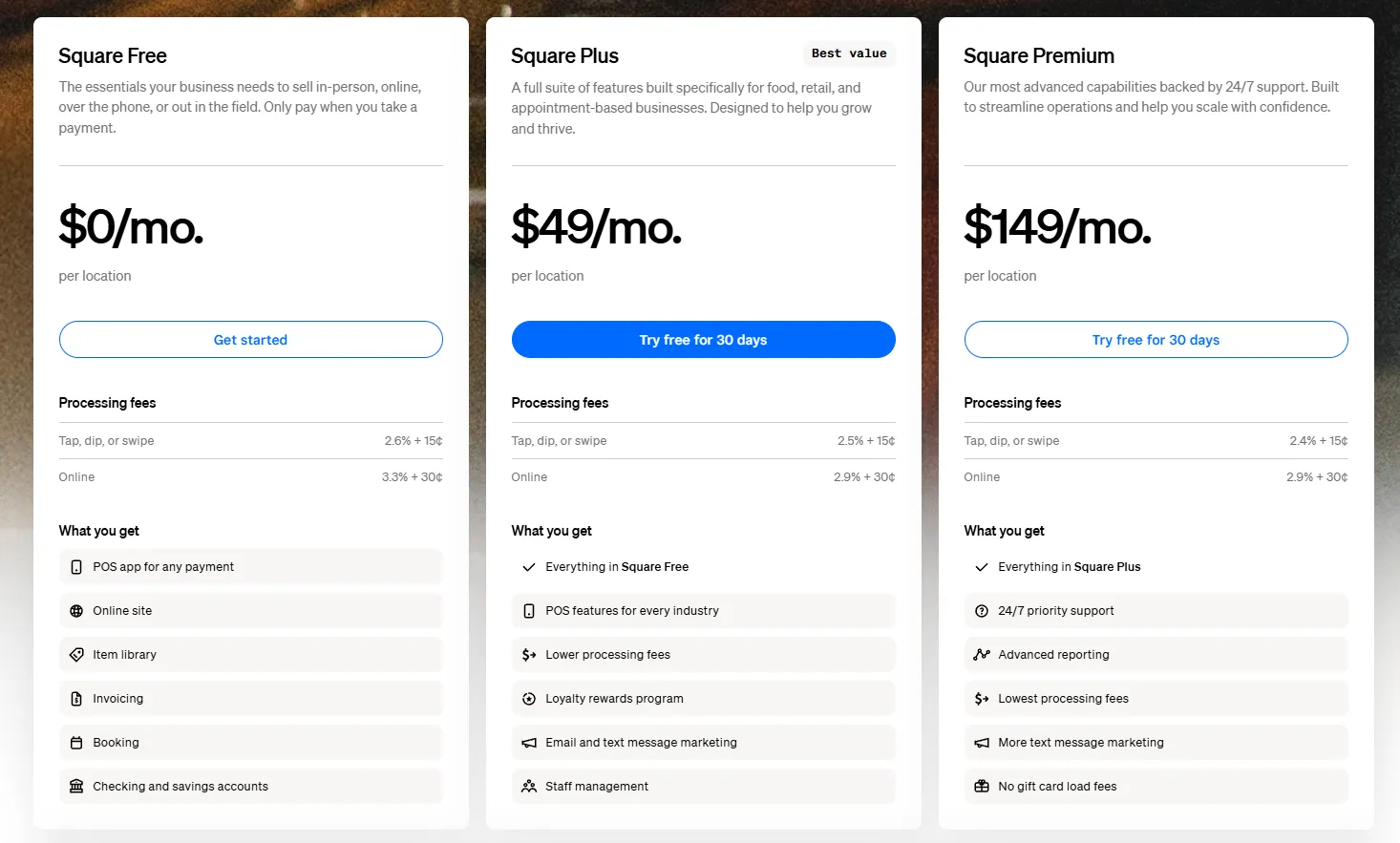 Square Online pricing plans
