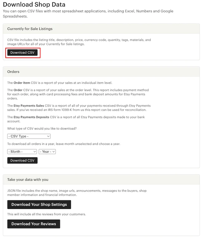 Etsy download CSV
