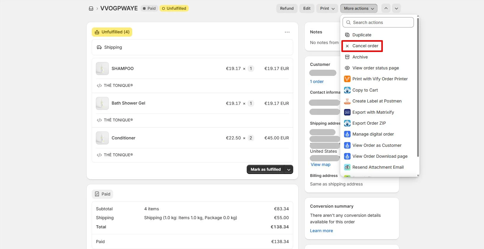 Individually cancel Shopify orders