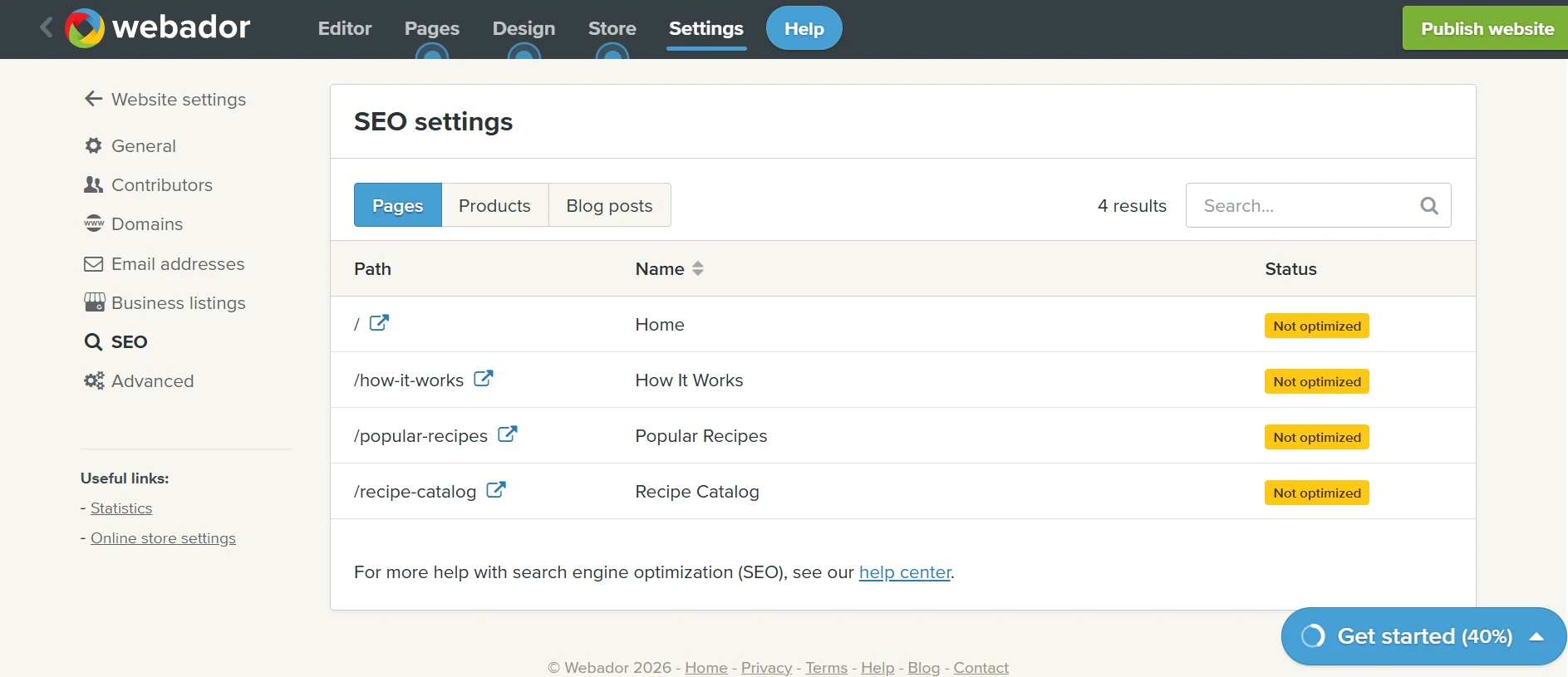 Webadore SEO settings