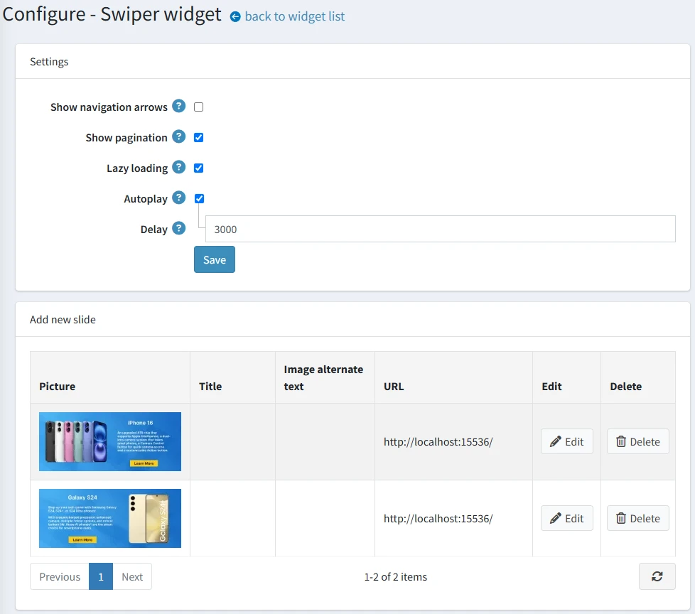 Configure swiper widget for customization on nopCommerce