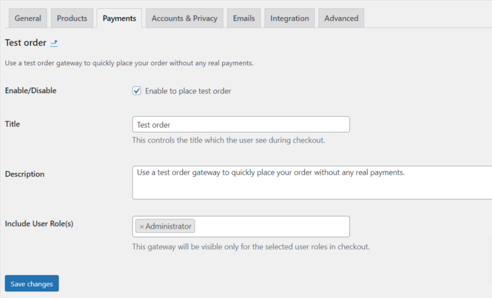 Enable WooCommerce Test Order plugin