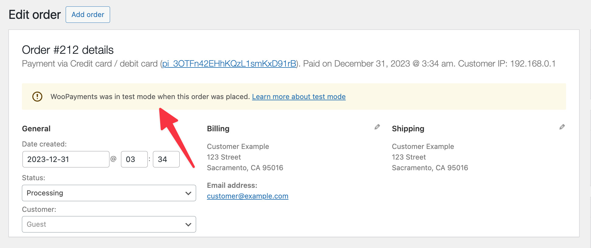 WooCommerce test order notice