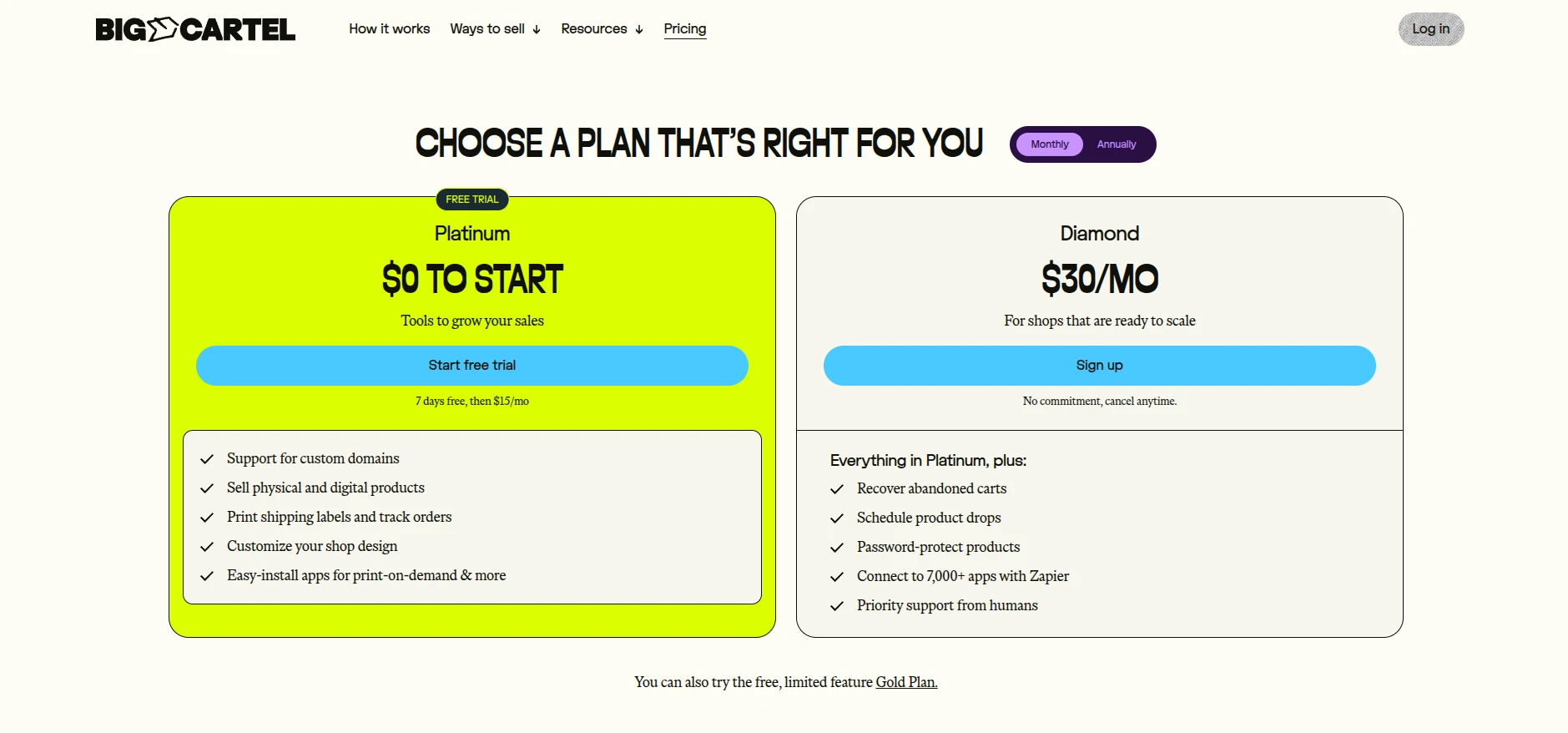 Big Cartel pricing plans